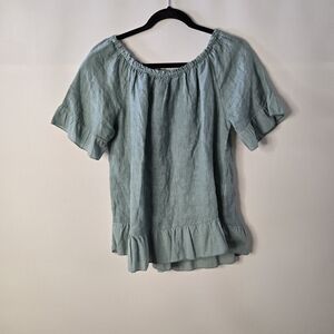 TERZO MILLENNIO sage Green Women's Size L 100% LINEN Babydoll Crop Tunic